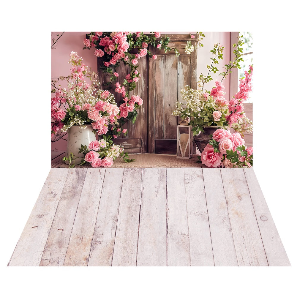 Charming Floral Wooden Gate Backdrop+Soft Farmhouse Floor Backdrop LXX2-179