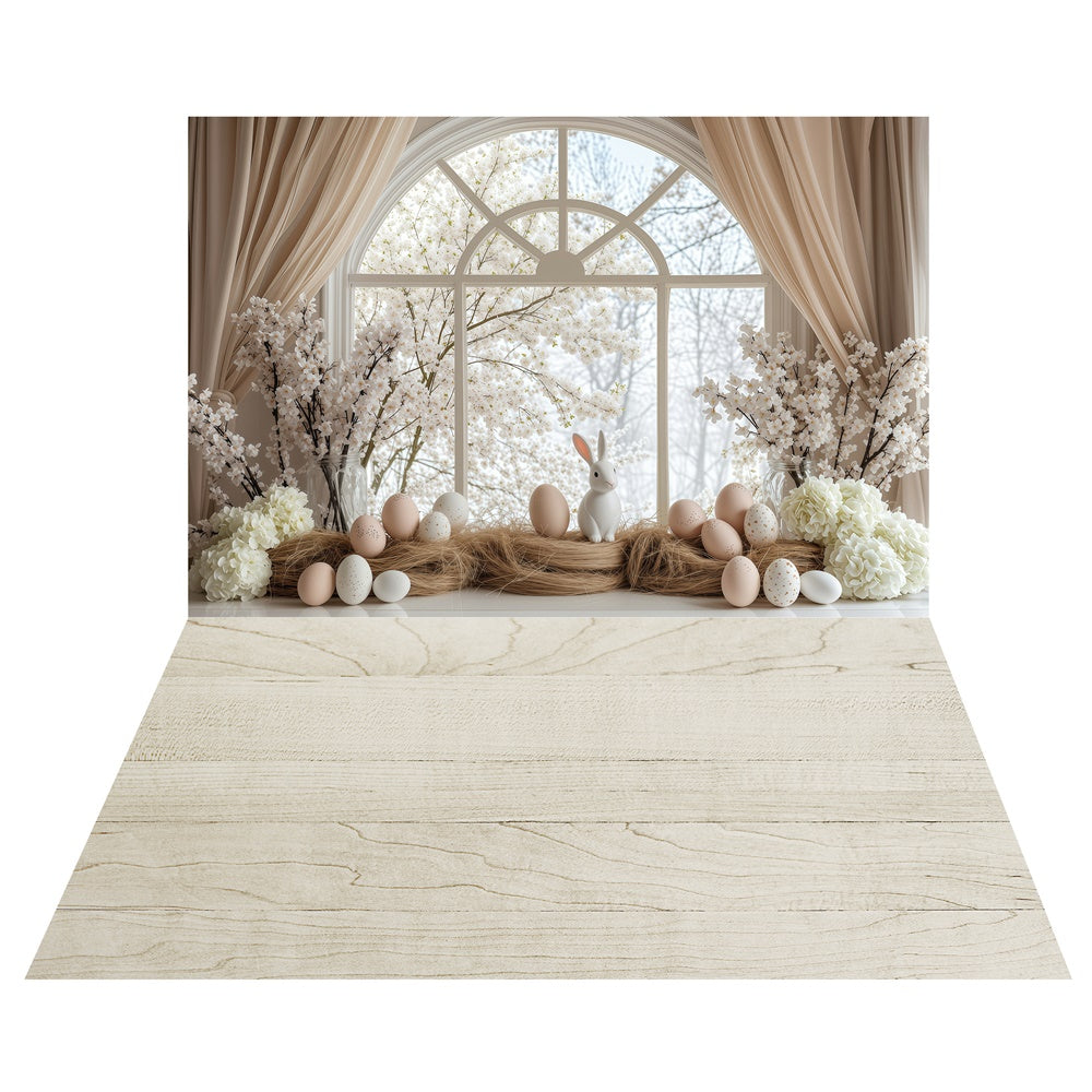 Elegant Easter Bunny Window Backdrop+Light Wood Floor Backdrop LXX2-18