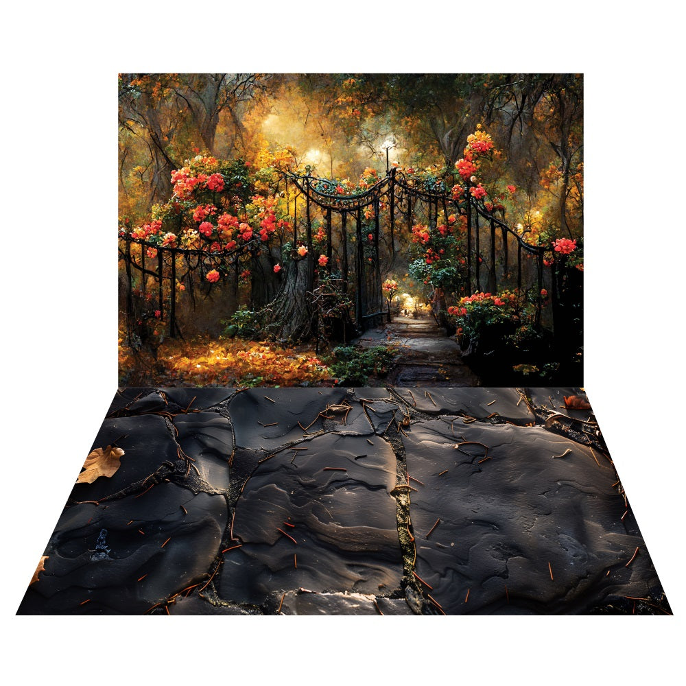 Midnight Garden Gate Backdrop+Aged Black Slate Floor Backdrop LXX2-180