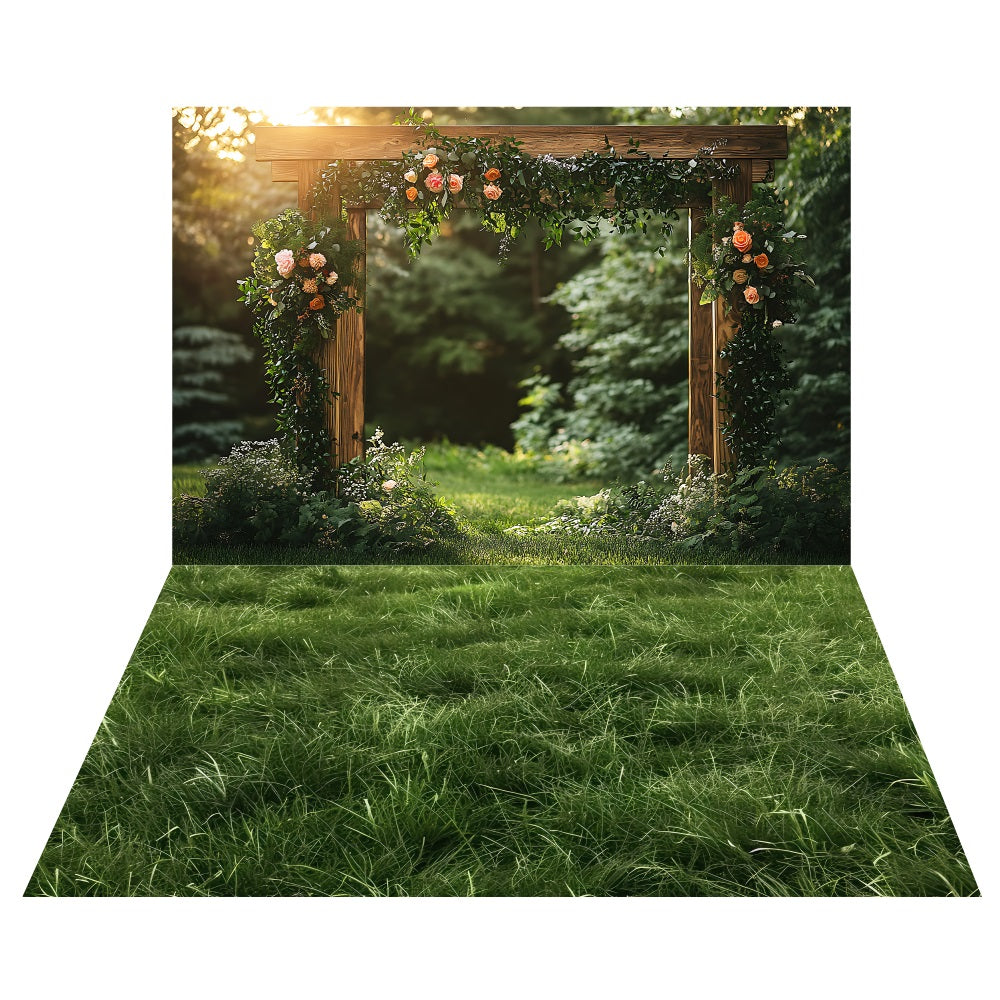 Spring Floral Archway Backdrop+Lush Green Grass Floor Backdrop LXX2-181