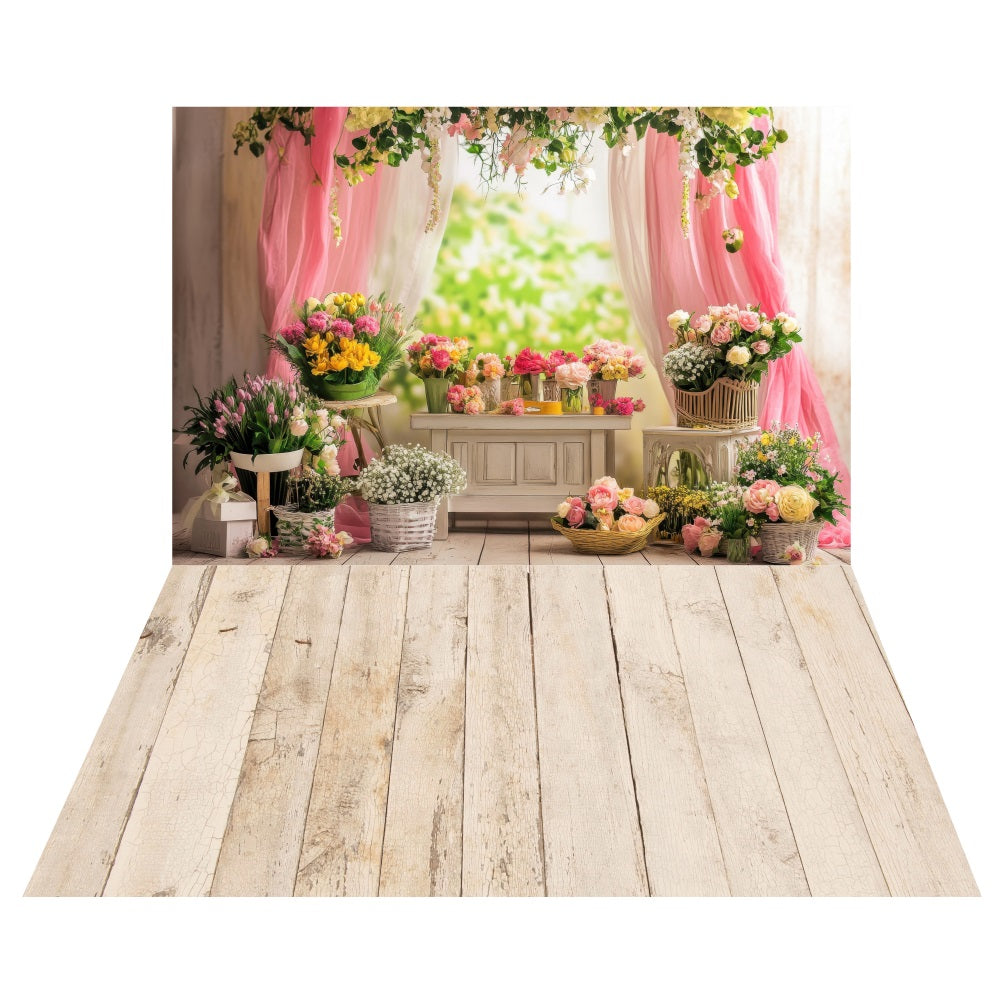 Spring Blooming Florist Shop Backdrop+White Plank Floor Backdrop LXX2-182