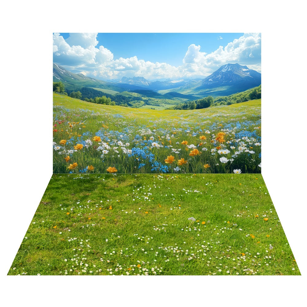 Spring Floral Hillside Backdrop+Wildflower Grass Floor Backdrop LXX2-184