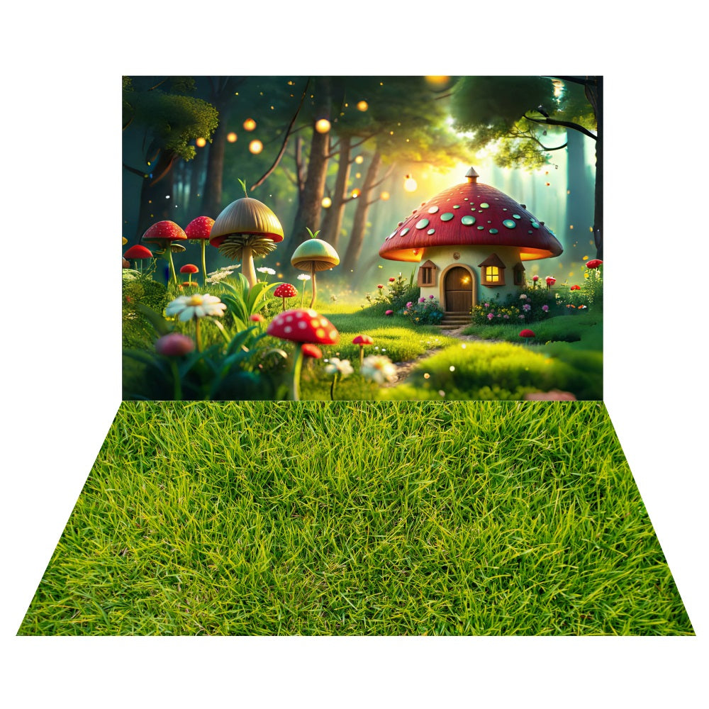 Magical Forest Mushroom Cottage Backdrop+Soft Grass Floor Backdrop LXX2-185