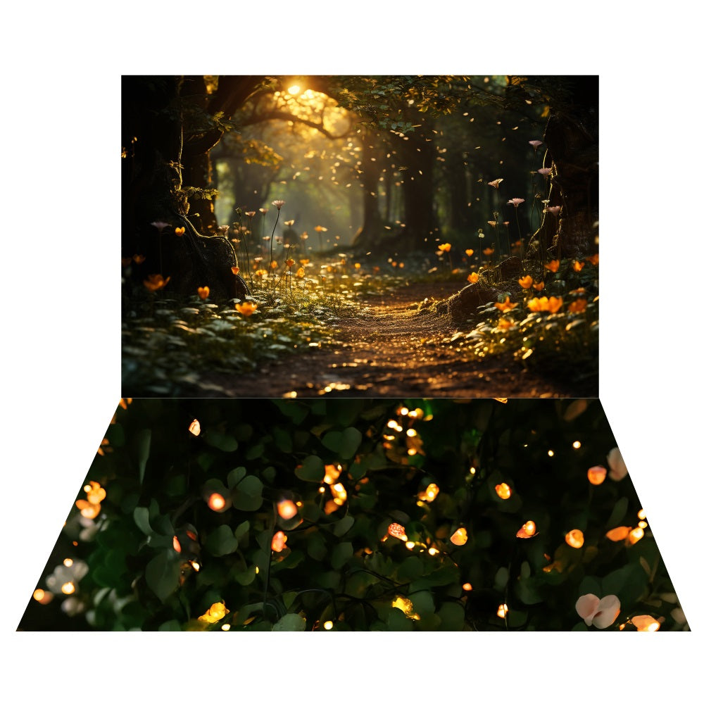 Mystical Twilight Forest Path Backdrop+Glowing Firefly Floor Backdrop LXX2-186