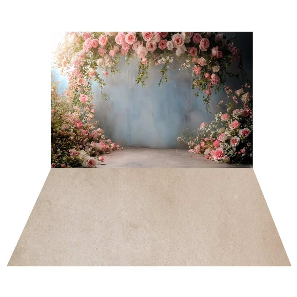 Romantic Floral Archway Backdrop+Elegant Beige Floor Backdrop LXX2-187