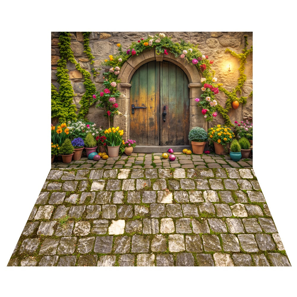 Charming Stone Archway Backdrop+Mossy Brick Road Floor Backdrop LXX2-188