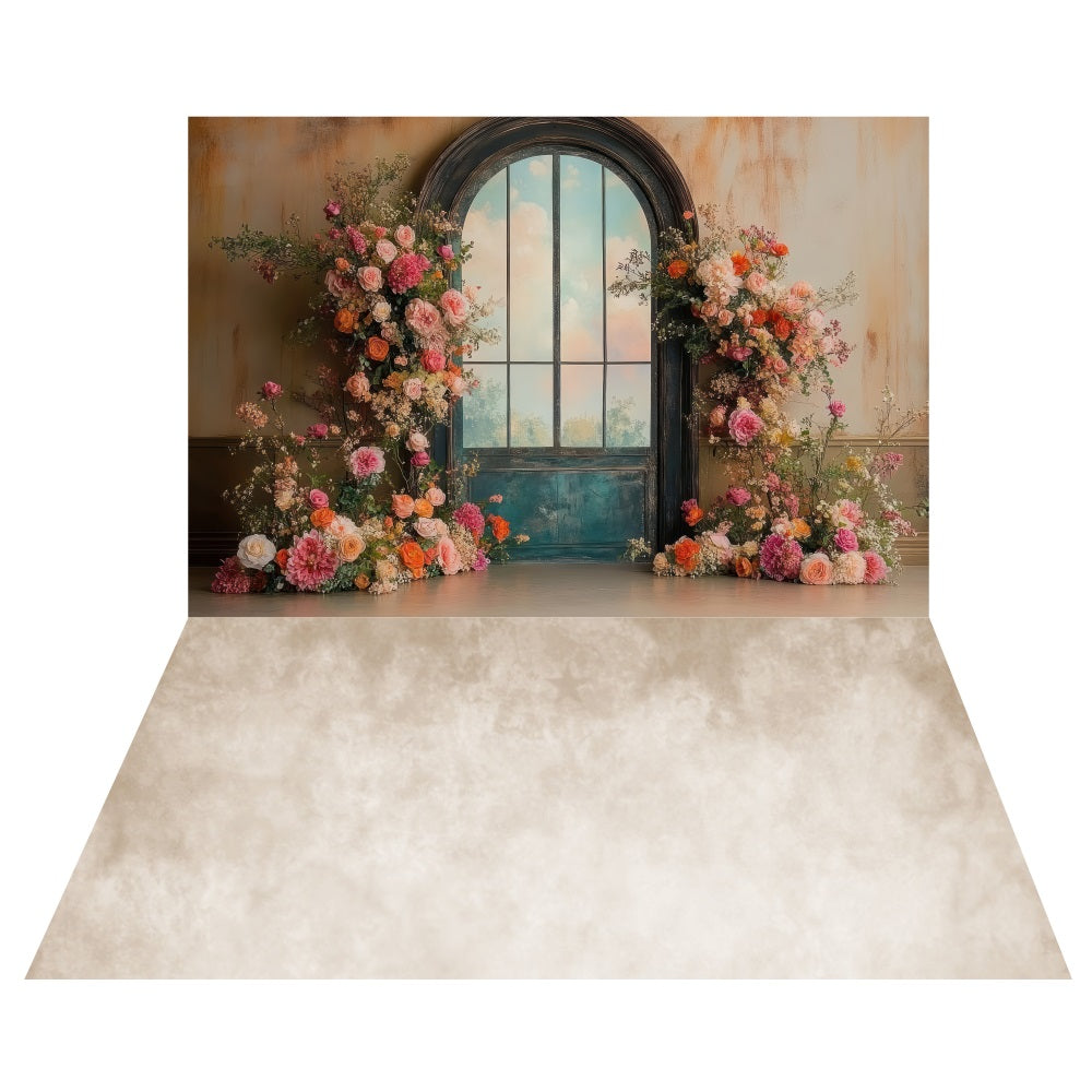 Vintage Blue Window Floral Backdrop+Textured Beige Floor Backdrop LXX2-189