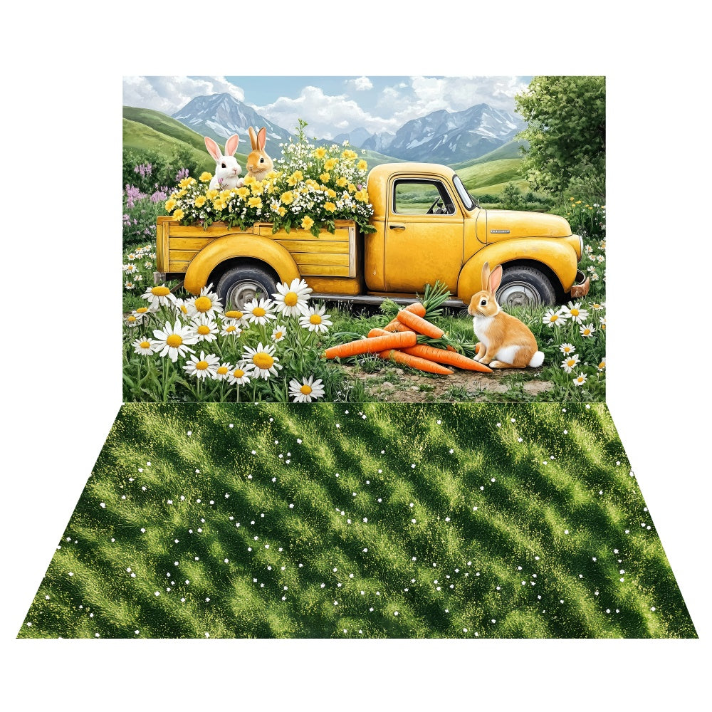 Easter Daisy Farm Truck Backdrop+Fresh Grass Floor Backdrop LXX2-19