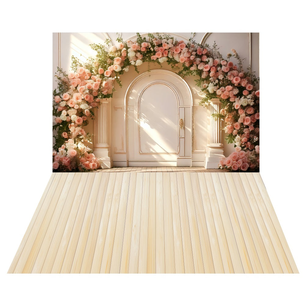 Spring White Arch Floral Backdrop+Cream Wooden Floor Backdrop LXX2-190