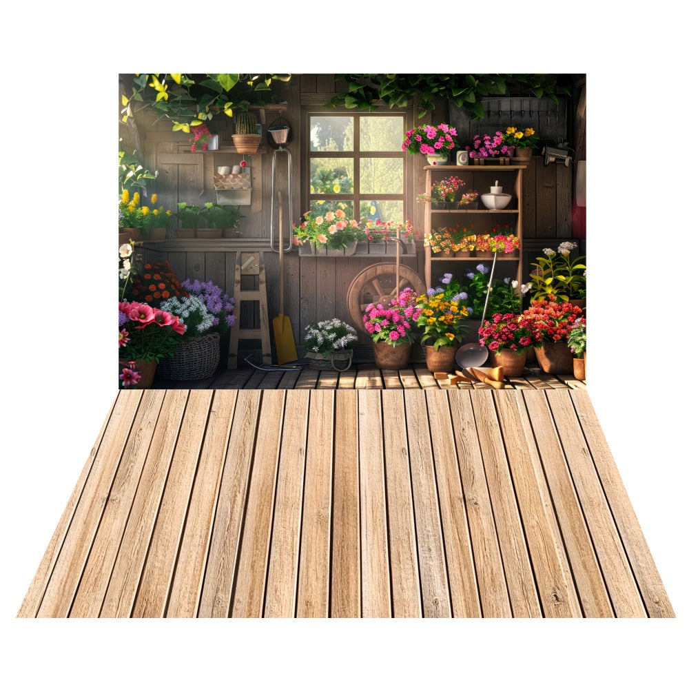 Rustic Flower Shed Backdrop+Weathered Wooden Floor Backdrop LXX2-191