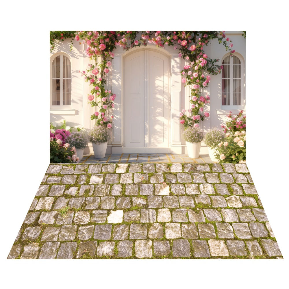 Spring Garden Porch Backdrop+Mossy Stone Path Floor Backdrop LXX2-192