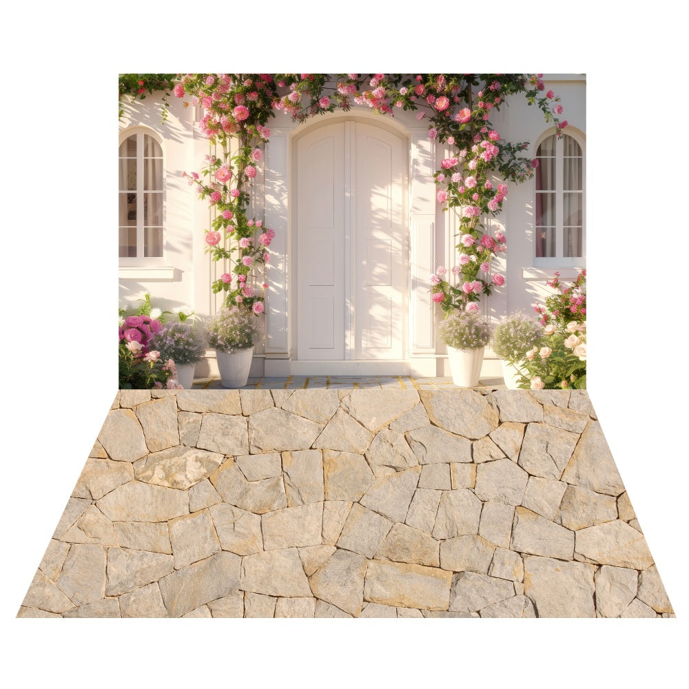 Floral Cottage Entrance Backdrop+Light Stone Path Floor Backdrop LXX2-193