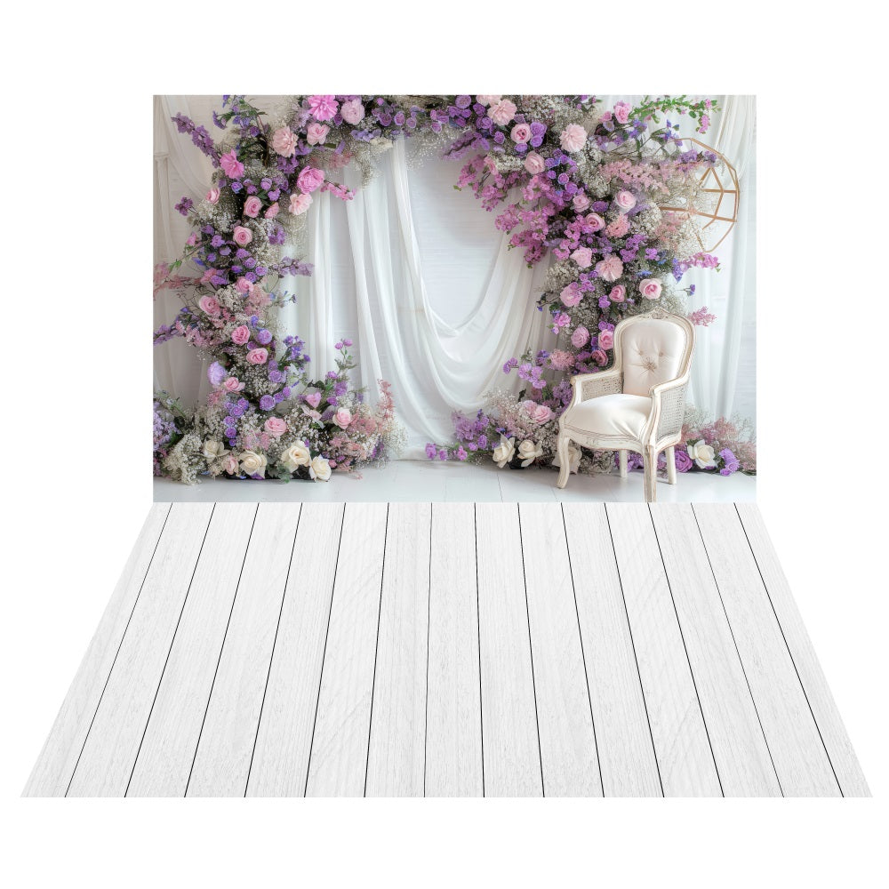 Lavender Dream Floral Arch Backdrop+Whitewashed Wooden Floor Backdrop LXX2-195