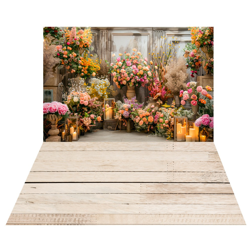 Romantic Floral Candlelit Backdrop+Soft Wooden Floor Backdrop LXX2-196