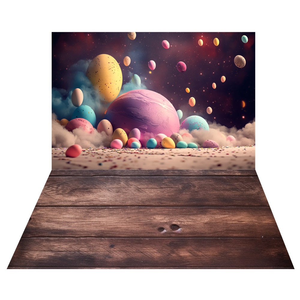 Galactic Easter Egg Fantasy Backdrop+Dark Wooden Floor Backdrop LXX2-197