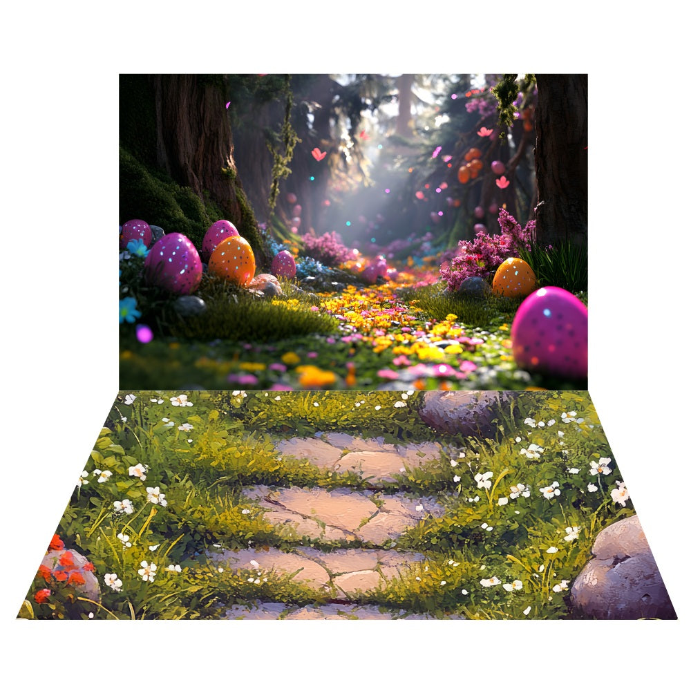 Easter Egg Twilight Forest Backdrop+Vintage Stone Trail Floor Backdrop LXX2-198