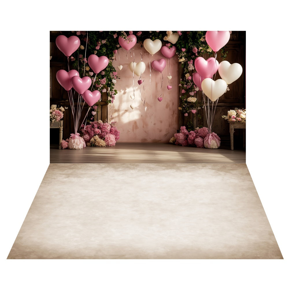 Valentine's Day Balloon Arch Backdrop+Beige Floor Backdrop LXX2-2