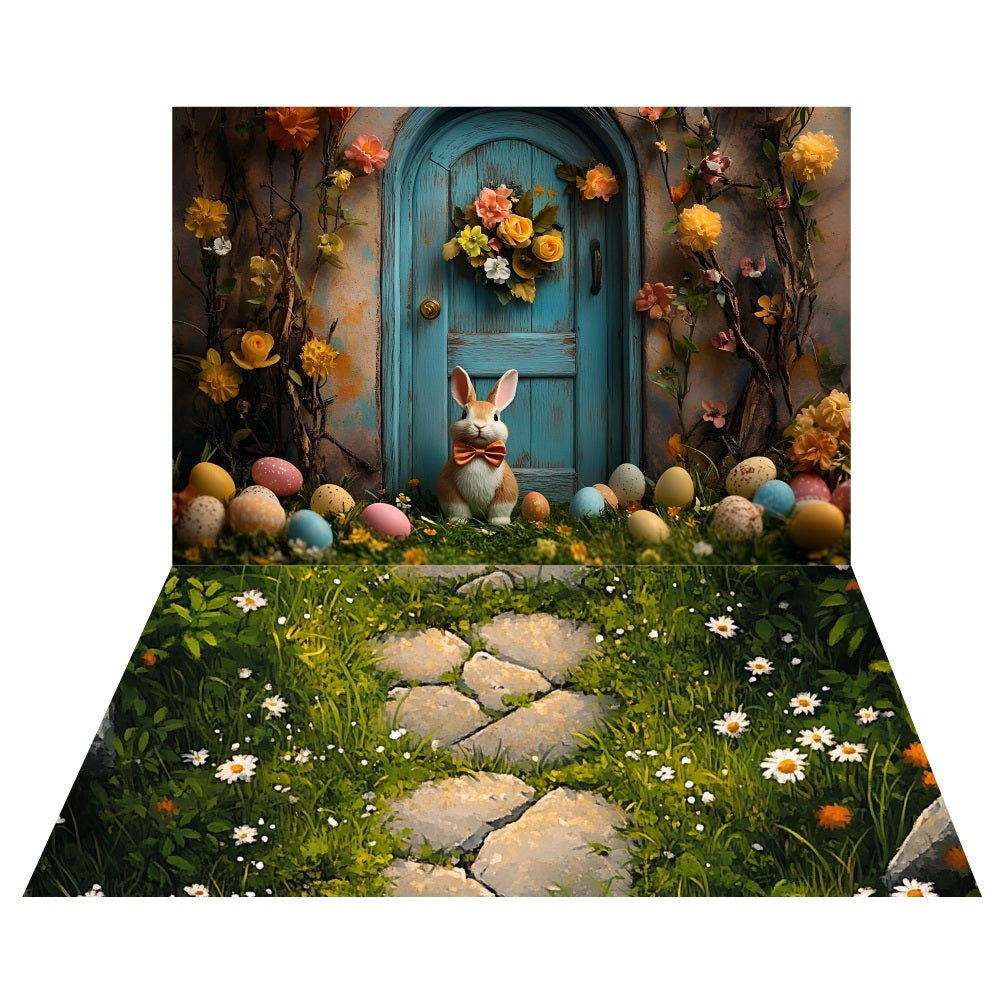 Rustic Blue Door Easter Bunny Backdrop+Mossy Stone Path Floor Backdrop LXX2-201