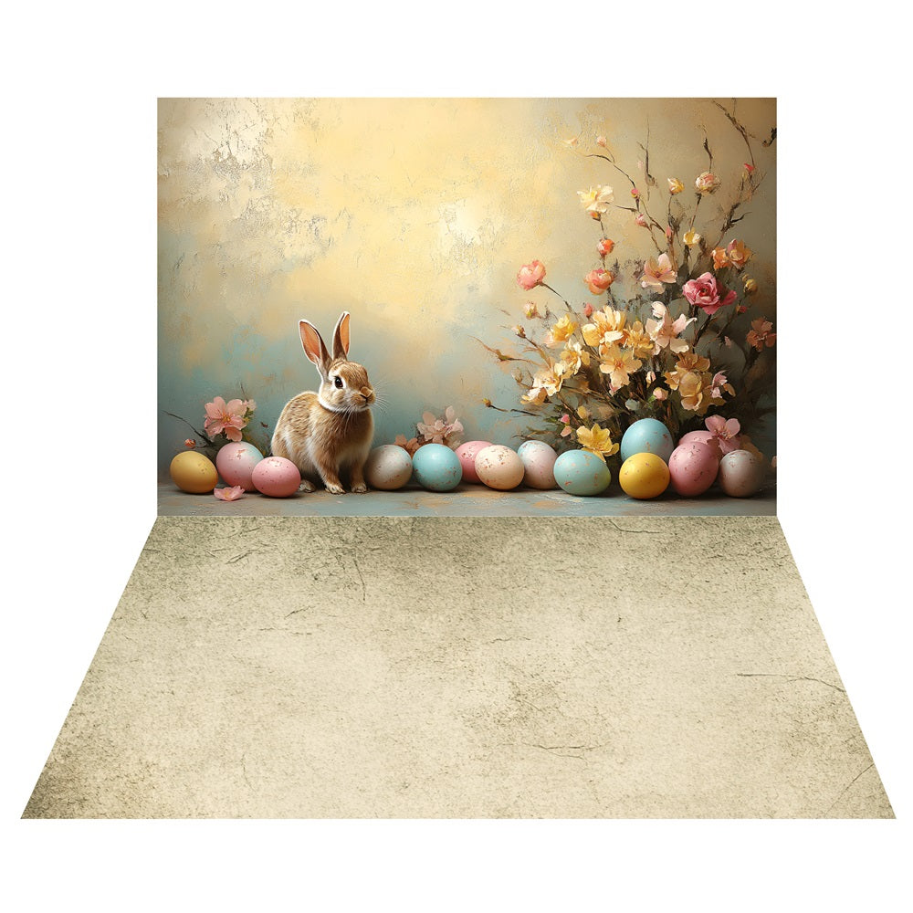 Floral Easter Bunny Backdrop+Vintage Warm-Toned Floor Backdrop LXX2-202