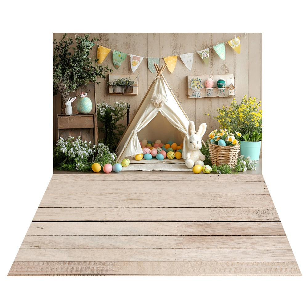 Easter Egg Tent Adventure Backdrop+Rustic Wooden Floor Backdrop LXX2-203