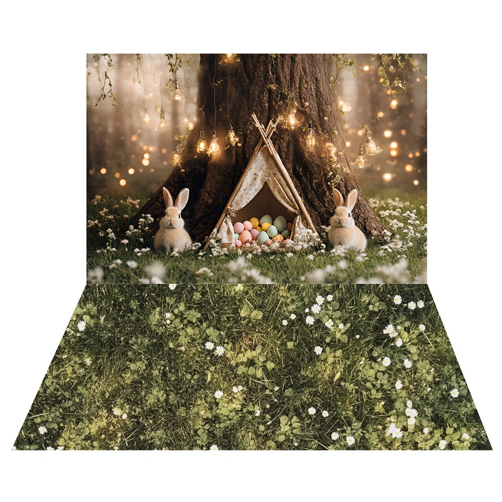 Twinkling Easter Bunny Tent Backdrop+Clover Green Grass Floor Backdrop LXX2-206