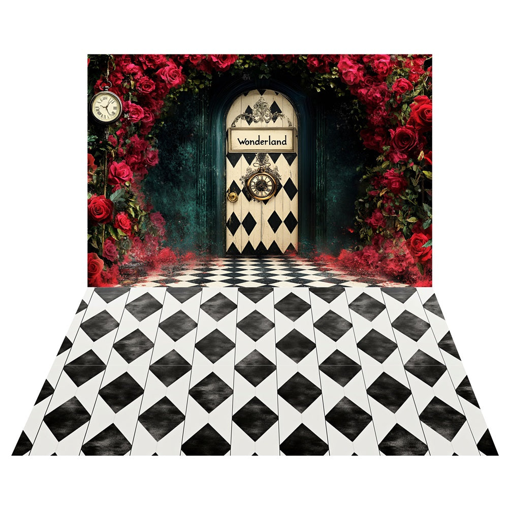 Alice Wonderland Roses Backdrop+Black White Floor Backdrop LXX2-208