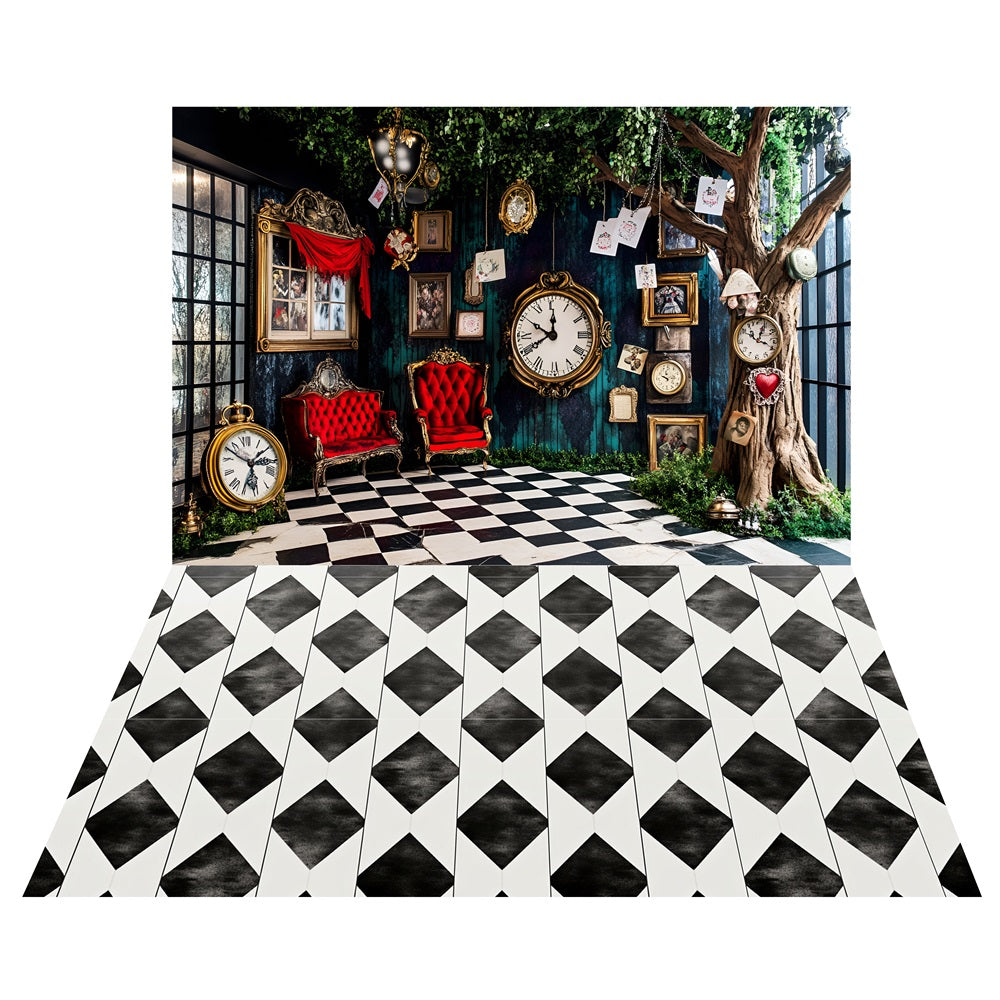 Fantasy Clock Room Backdrop+Black White Tile Floor Backdrop LXX2-209