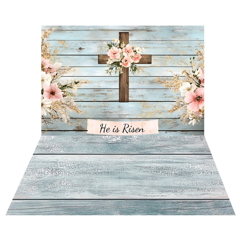 Easter Floral Wooden Cross Backdrop+Light Blue Floor Backdrop LXX2-210