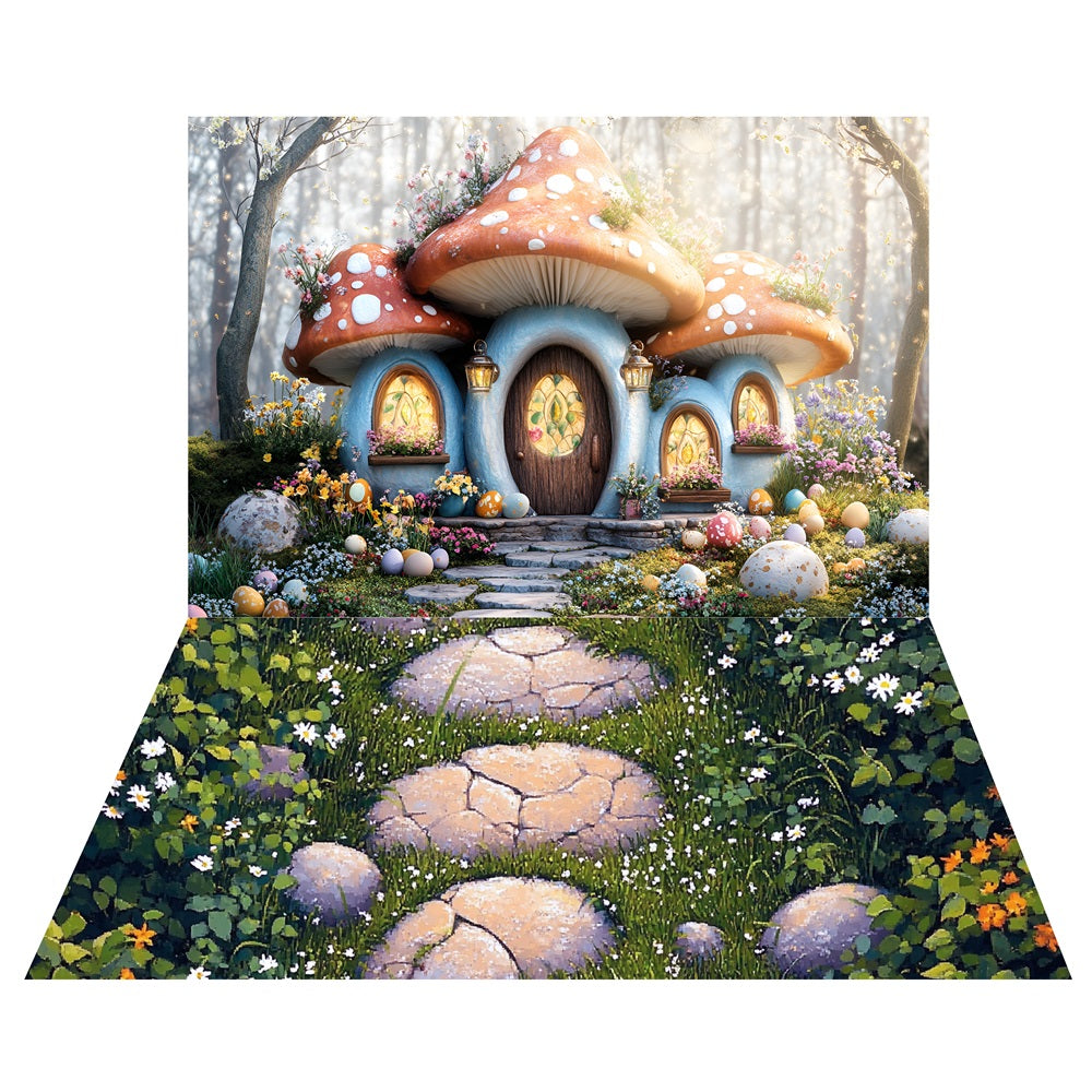 Woodland Mushroom House Backdrop+Garden Stone Pathway Floor Backdrop LXX2-211