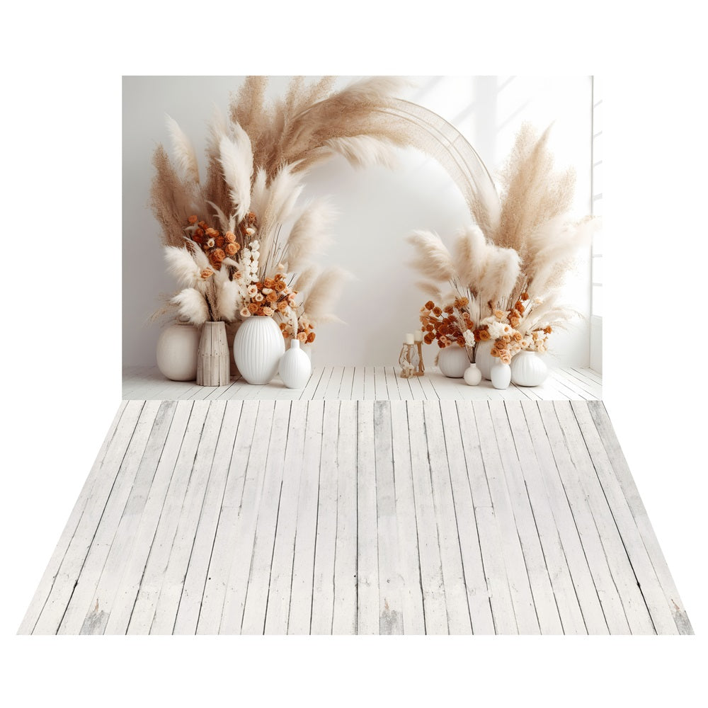 Boho Pampas Floral Arch Backdrop+Whitewashed Wood Floor Backdrop LXX2-212