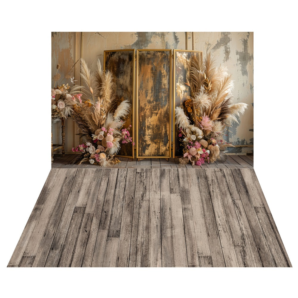 Bohemian Dried Flower Screen Backdrop+Weathered Wood Floor Backdrop LXX2-213