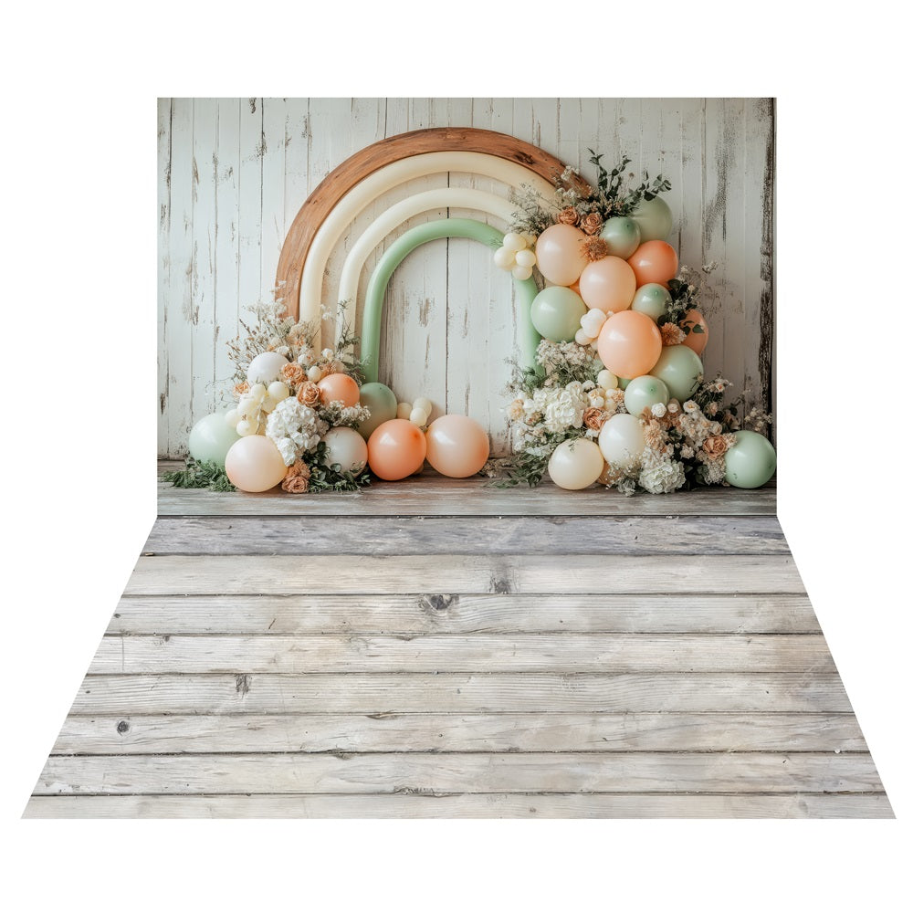 Boho Rainbow Balloons Backdrop+Distressed White Wood Floor Backdrop LXX2-214