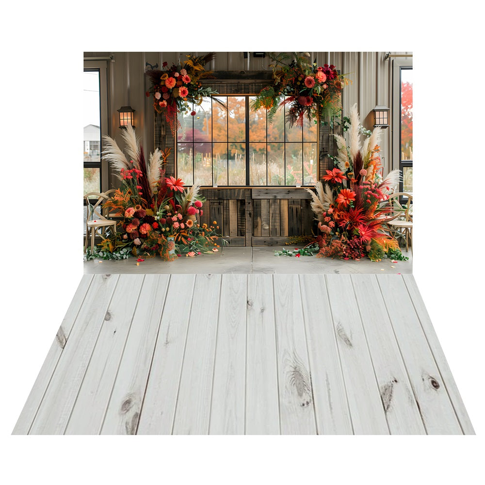 Boho Floral Window Backdrop+Light Wooden Floor Backdrop LXX2-215