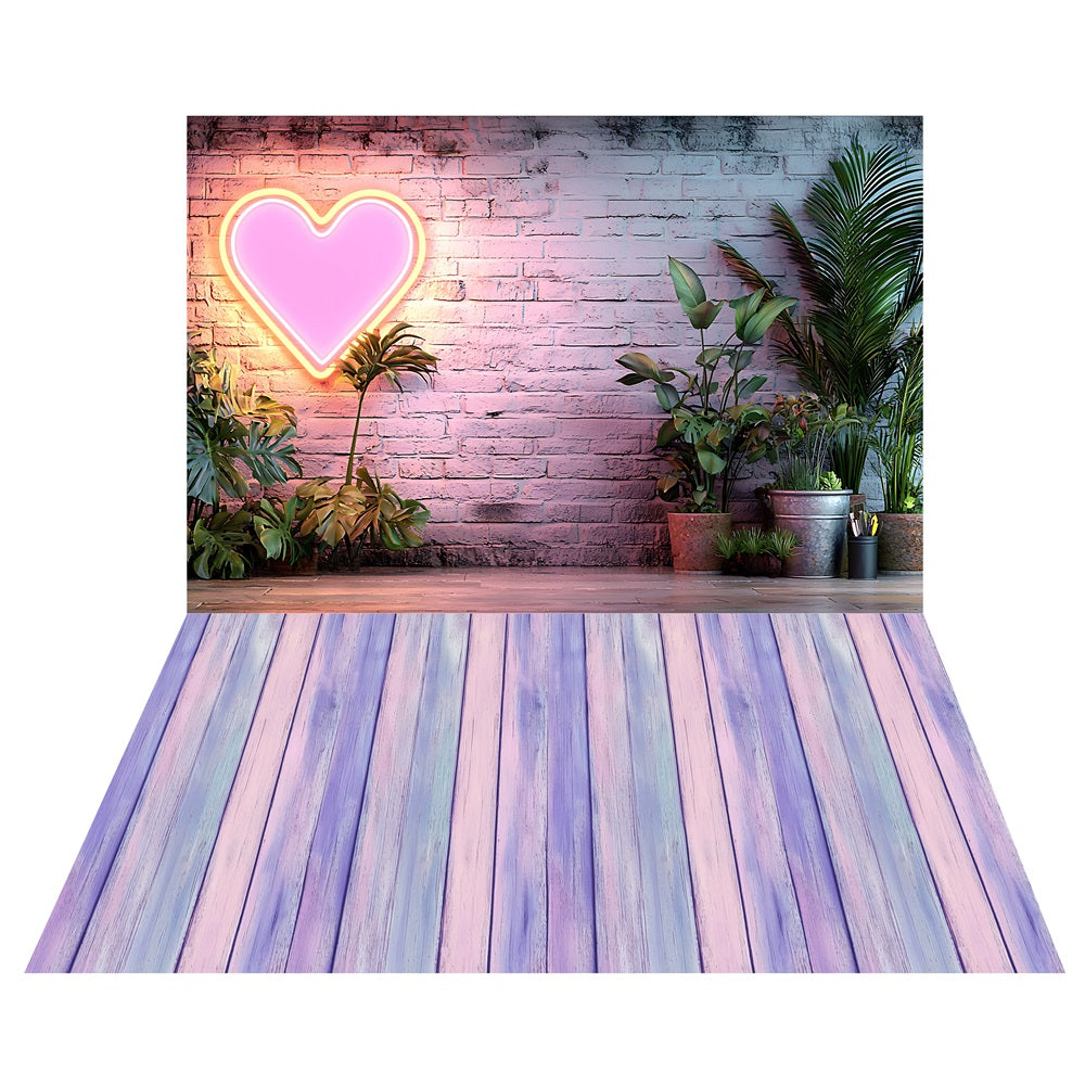 Tropical Greenery Neon Romance Backdrop+Colorful Wooden Floor Backdrop LXX2-216