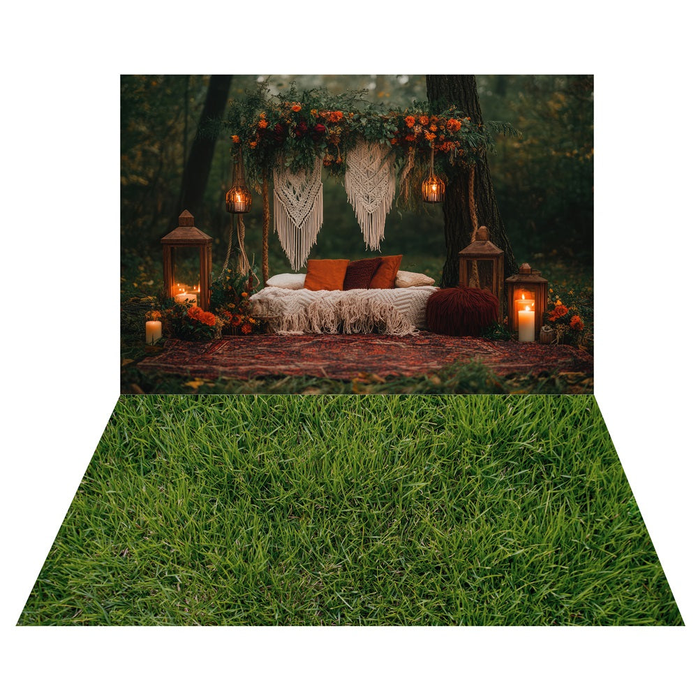 Boho Candlelit Forest Retreat Backdrop+Meadow Grass Floor Backdrop LXX2-218