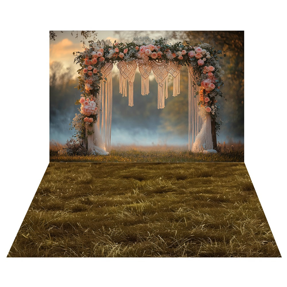 Bohemian Floral Wedding Arch Backdrop+Rustic Meadow Grass Floor Backdrop LXX2-220