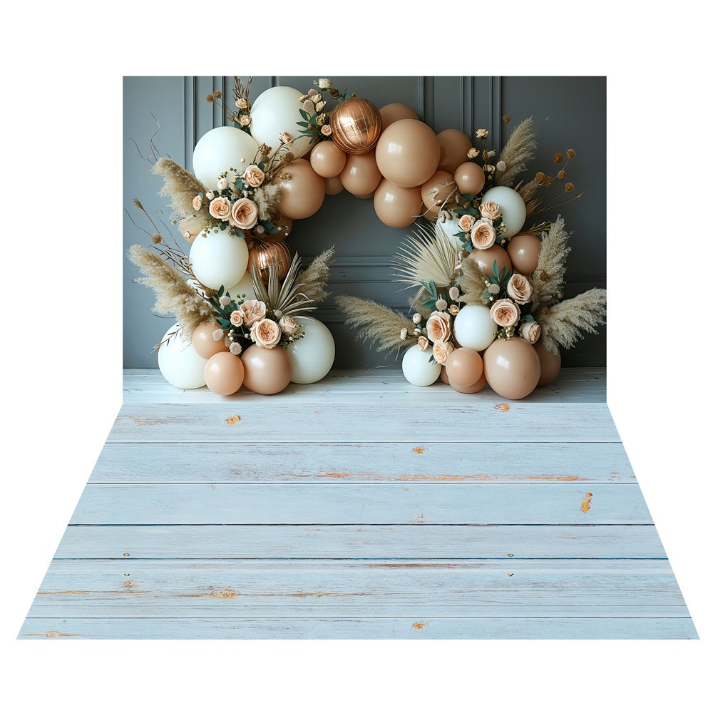 Boho Balloon Arch Floral Backdrop+Rustic Blue Wood Floor Backdrop LXX2-222