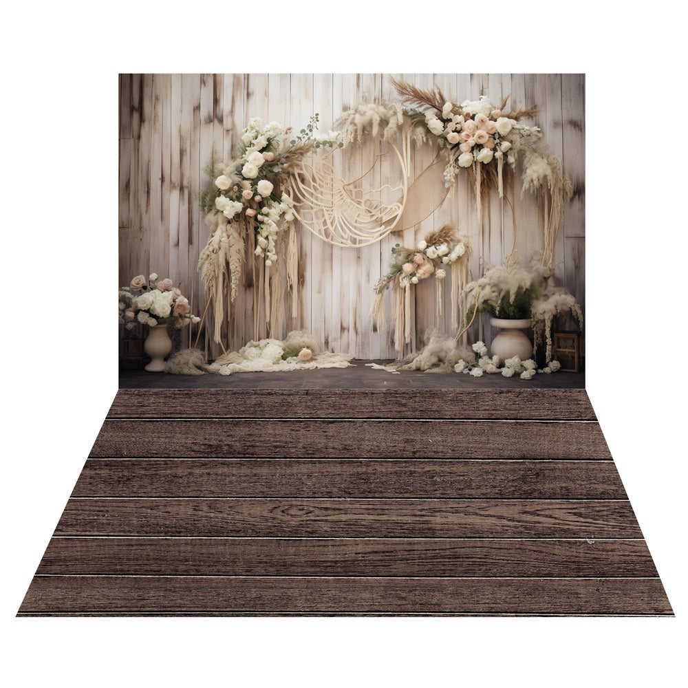 Boho Dreamcatcher Floral Backdrop+Dark Rustic Wood Floor Backdrop LXX2-223