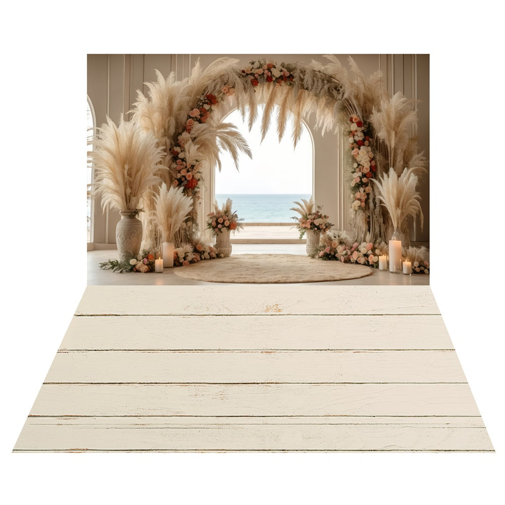 Pampas Arch Ocean Wedding Backdrop+Distressed White Floor Backdrop LXX2-224