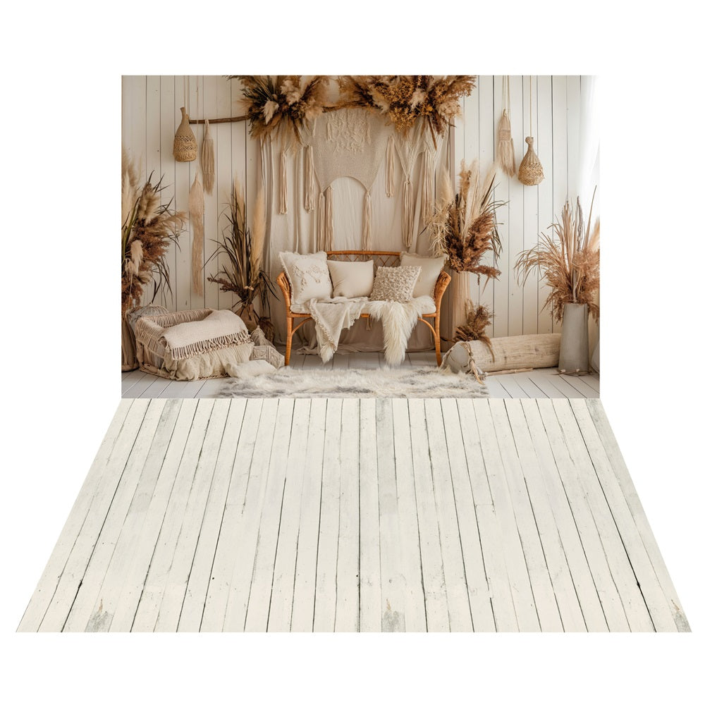 Boho Lounge Floral Backdrop+White Rustic Wood Floor Backdrop LXX2-225