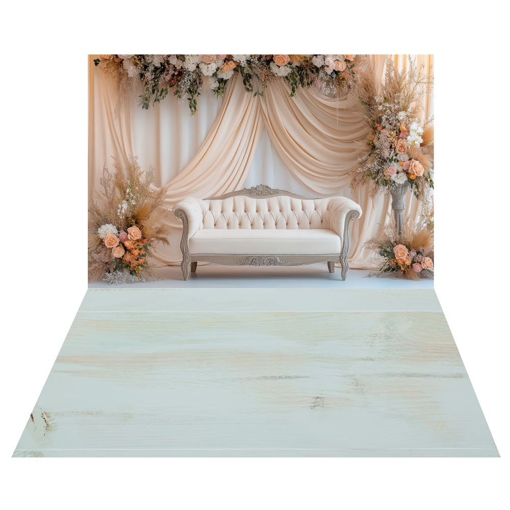 Floral Drapes Sofa Backdrop+Rustic Weathered Blue Floor Backdrop LXX2-226