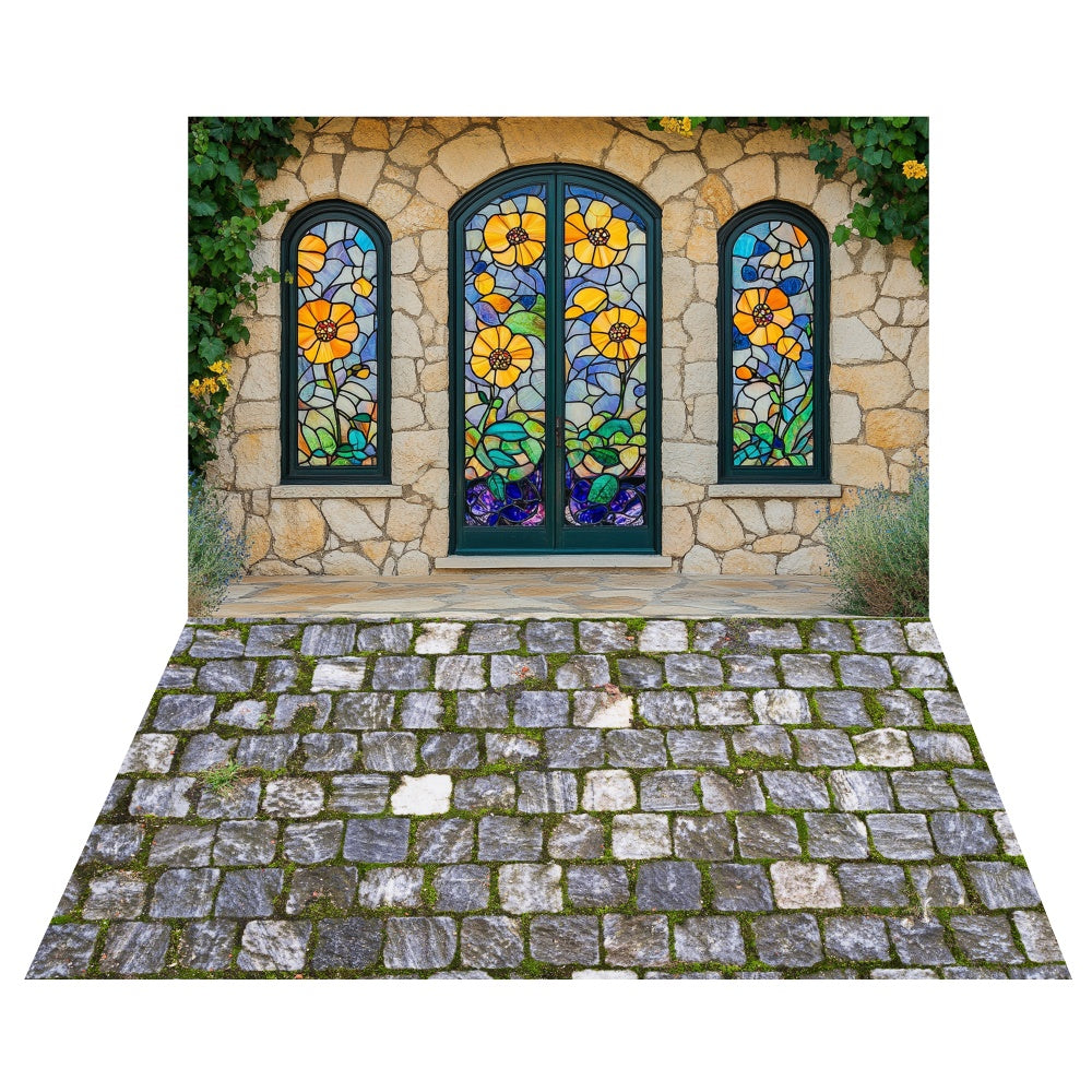 Spring Stained Glass Windows Backdrop+Stone Texture Floor Backdrop LXX2-23