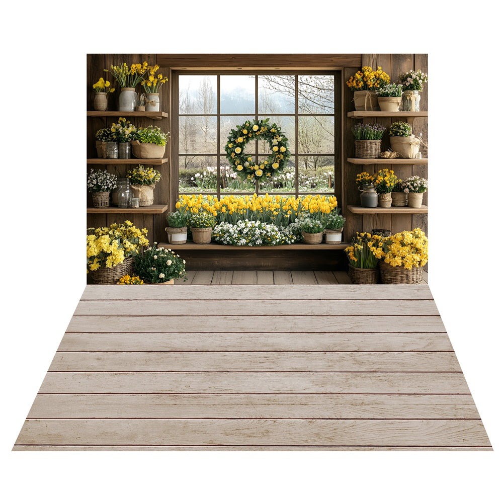 Spring Wood Shelves Flower Window Backdrop+Rustic Wood Floor Backdrop LXX2-24