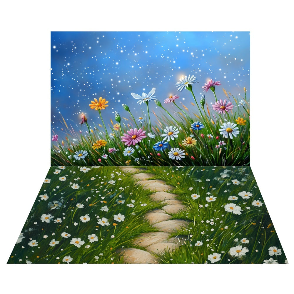 Spring Starry Moonlit Flower Backdrop+Wildflower Path Floor Backdrop LXX2-26