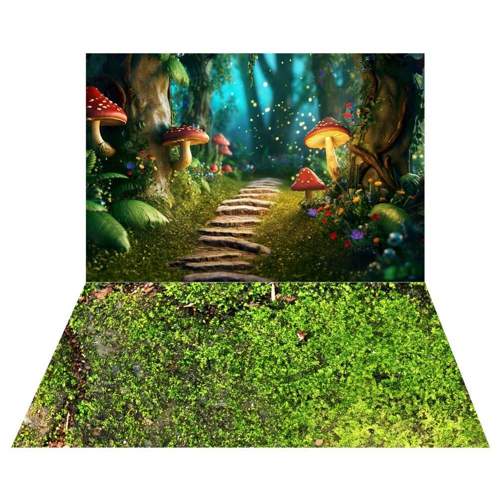 Spring Mushroom Walkway Backdrop+Fantasy Grass Floor Backdrop LXX2-29