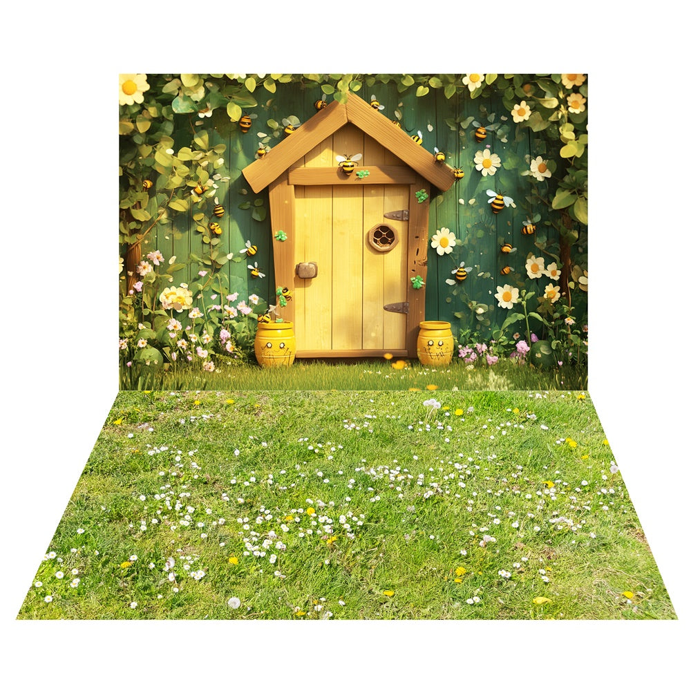 Spring Honey Bee Cottage Backdrop+Dandelion Grass Floor Backdrop LXX2-30