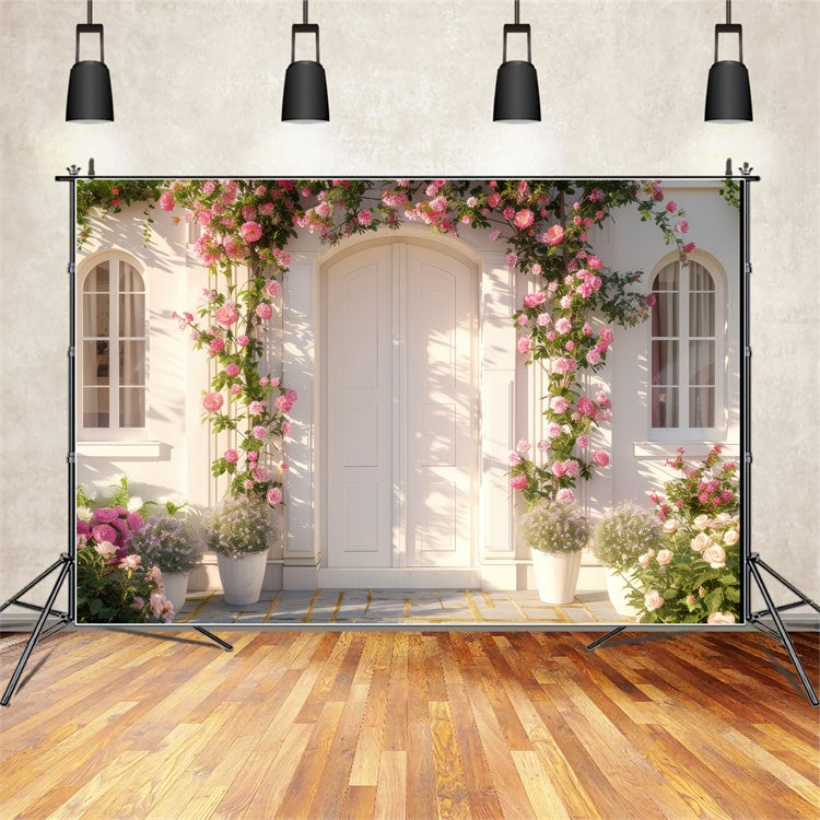 Spring Floral Backdrop Pink Rose White Doorway Backdrop LXX2-39