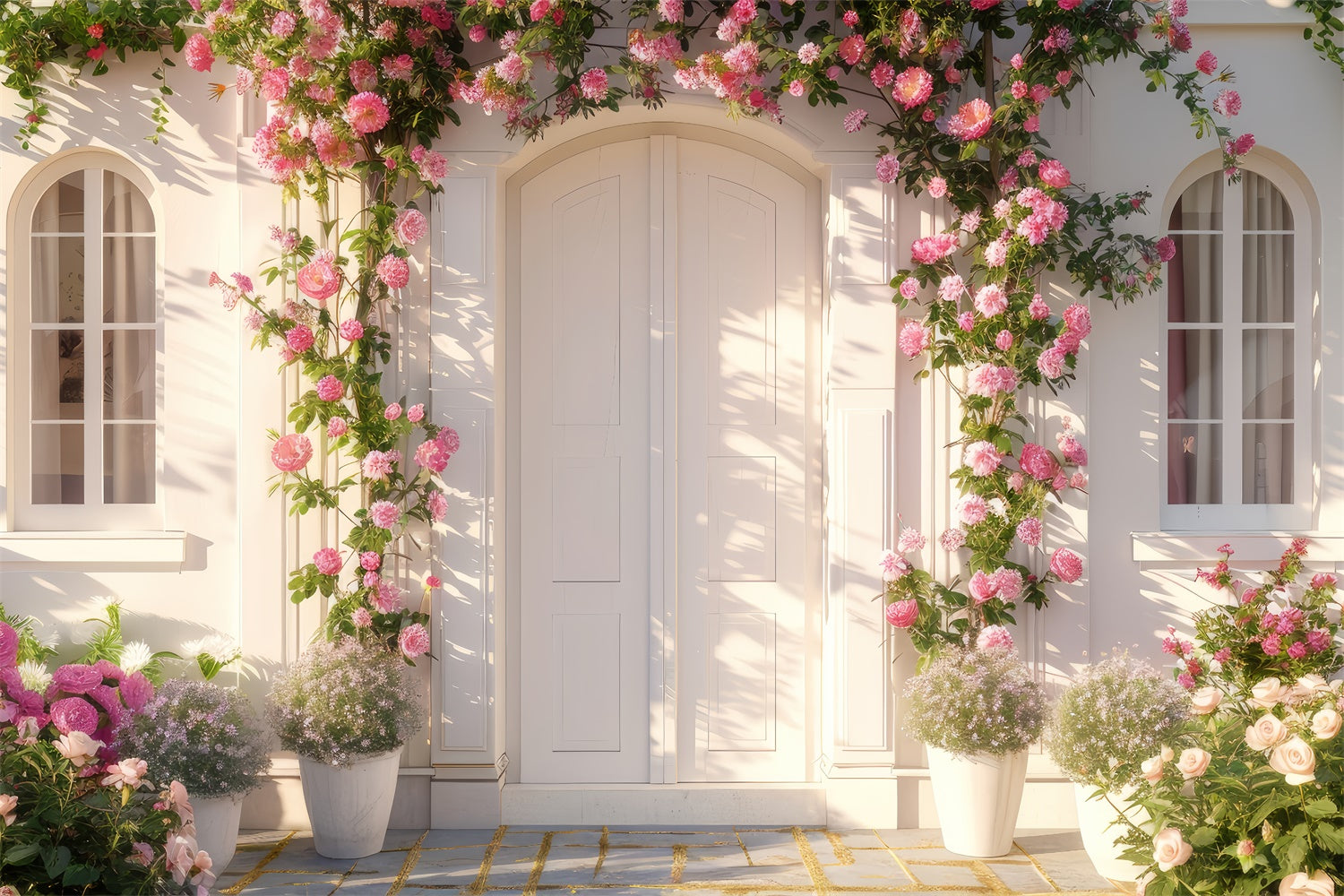 Spring Floral Backdrop Pink Rose White Doorway Backdrop LXX2-39