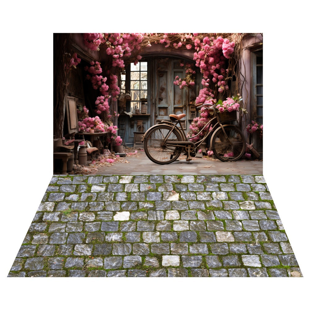 Valentine's Day Bicycle Floral Backdrop+Mossy Brick Floor Backdrop LXX2-4