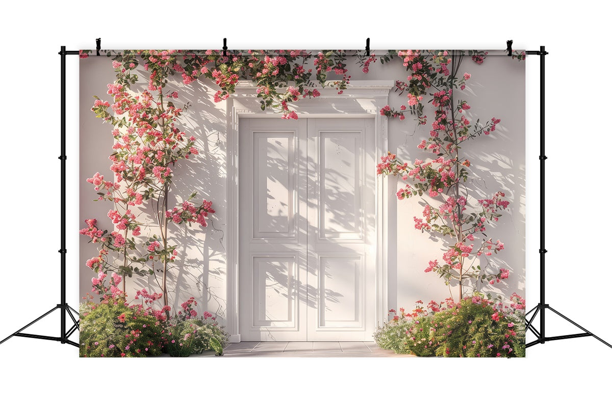 Spring Photo Backdrop Classic White Door Pink Rose Backdrop LXX2-40